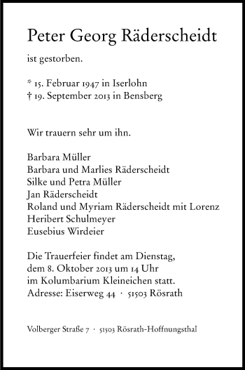 Anzeige von Peter Georg Räderscheidt von Kölner Stadt-Anzeiger / Kölnische Rundschau / Express