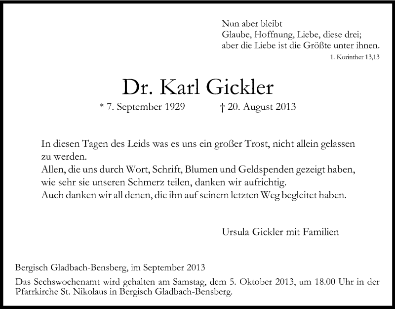  Traueranzeige für Karl Gickler vom 28.09.2013 aus Kölner Stadt-Anzeiger / Kölnische Rundschau / Express
