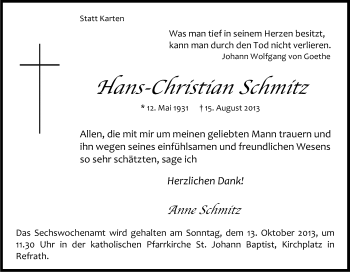 Anzeige von Hans-Christian Schmitz von Kölner Stadt-Anzeiger / Kölnische Rundschau / Express