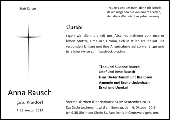 Anzeige von Anna Rausch von Kölner Stadt-Anzeiger / Kölnische Rundschau / Express