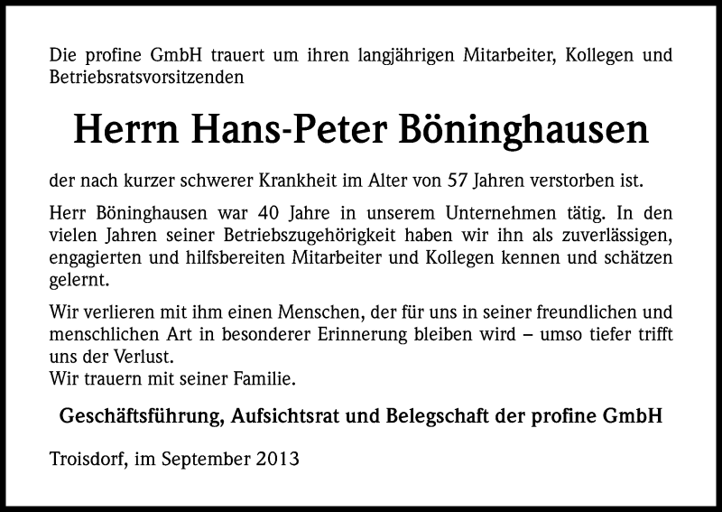  Traueranzeige für Hans-Peter Böninghausen vom 28.09.2013 aus Kölner Stadt-Anzeiger / Kölnische Rundschau / Express