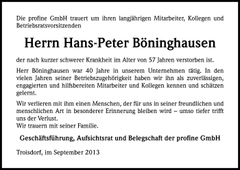 Anzeige von Hans-Peter Böninghausen von Kölner Stadt-Anzeiger / Kölnische Rundschau / Express