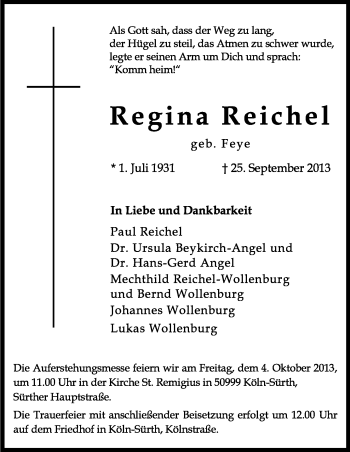 Anzeige von Regina Reichel von Kölner Stadt-Anzeiger / Kölnische Rundschau / Express
