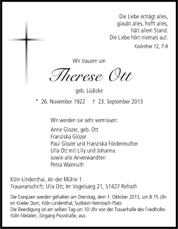 Anzeige von Therese Ott von Kölner Stadt-Anzeiger / Kölnische Rundschau / Express