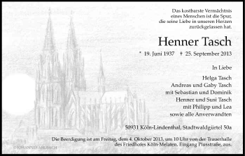 Anzeige von Henner Tasch von Kölner Stadt-Anzeiger / Kölnische Rundschau / Express