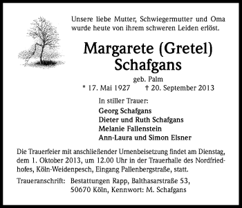 Anzeige von Margarete Schafgans von Kölner Stadt-Anzeiger / Kölnische Rundschau / Express