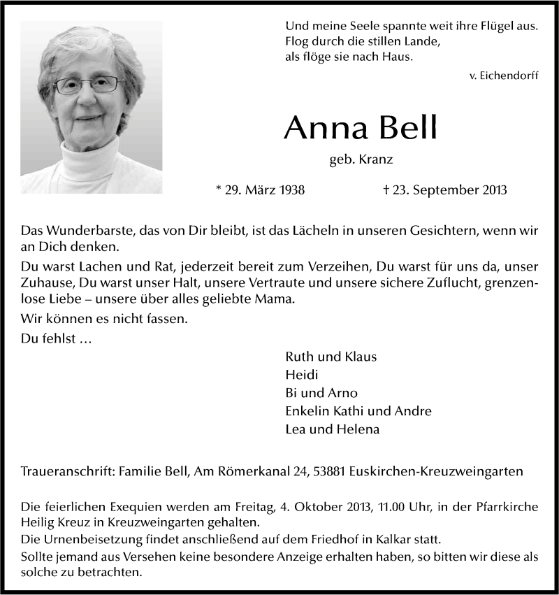  Traueranzeige für Anna Bell vom 28.09.2013 aus Kölner Stadt-Anzeiger / Kölnische Rundschau / Express