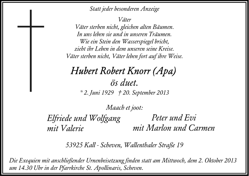  Traueranzeige für Hubert Robert Knorr vom 28.09.2013 aus Kölner Stadt-Anzeiger / Kölnische Rundschau / Express