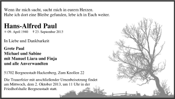 Anzeige von Hans-Alfred Paul von Kölner Stadt-Anzeiger / Kölnische Rundschau / Express