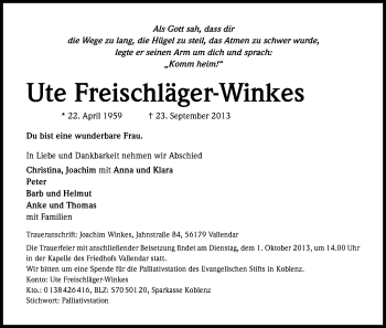 Anzeige von Ute Freischläger-Winkes von Kölner Stadt-Anzeiger / Kölnische Rundschau / Express