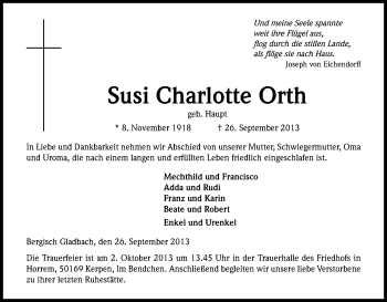 Anzeige von Susi Charlotte Orth von Kölner Stadt-Anzeiger / Kölnische Rundschau / Express