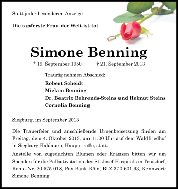 Anzeige von Simone Benning von Kölner Stadt-Anzeiger / Kölnische Rundschau / Express