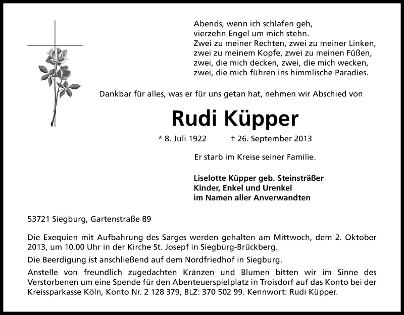  Traueranzeige für Rudi Küpper vom 28.09.2013 aus Kölner Stadt-Anzeiger / Kölnische Rundschau / Express