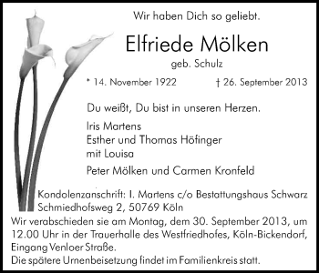 Anzeige von Elfriede Mölken von Kölner Stadt-Anzeiger / Kölnische Rundschau / Express