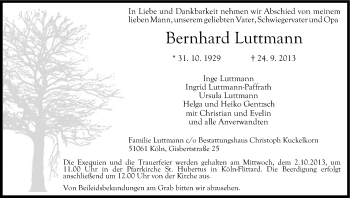 Anzeige von Bernhard Luttmann von Kölner Stadt-Anzeiger / Kölnische Rundschau / Express