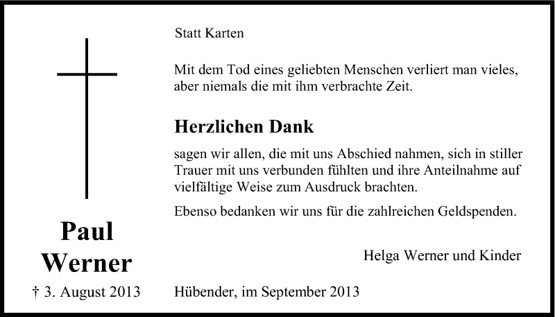  Traueranzeige für Paul Werner vom 28.09.2013 aus Kölner Stadt-Anzeiger / Kölnische Rundschau / Express