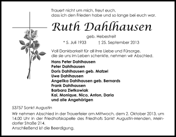 Anzeige von Ruth Dahlhausen von Kölner Stadt-Anzeiger / Kölnische Rundschau / Express