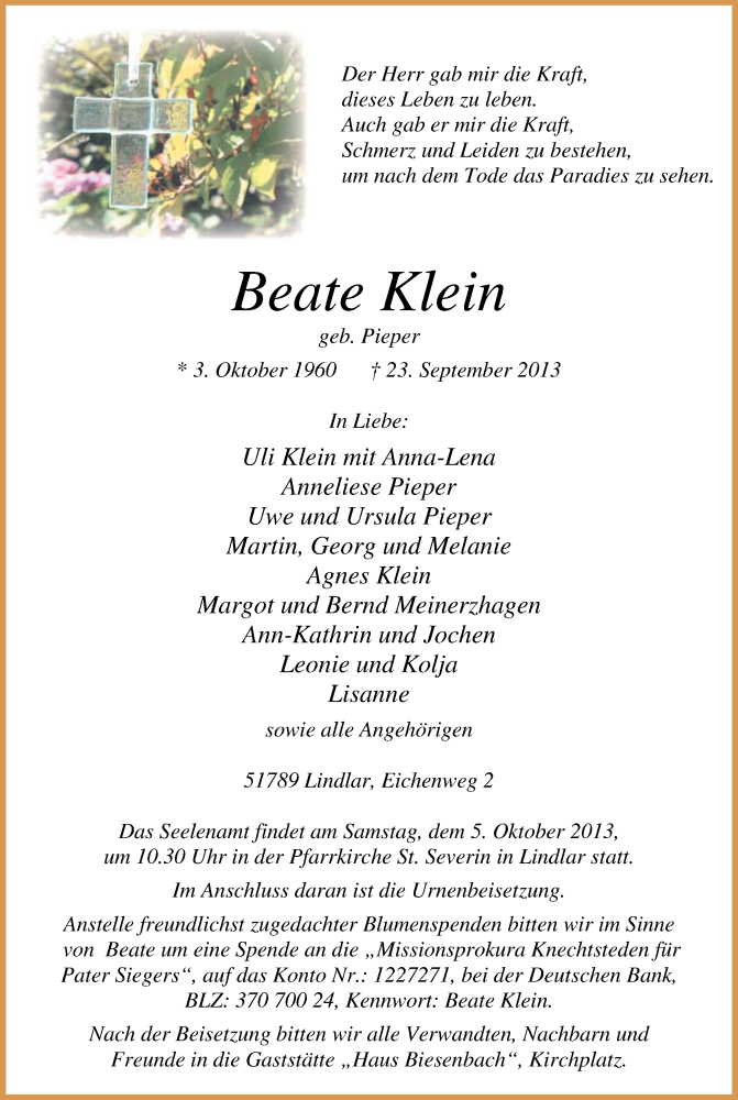 Traueranzeige für Beate Klein vom 28.09.2013 aus Kölner Stadt-Anzeiger / Kölnische Rundschau / Express