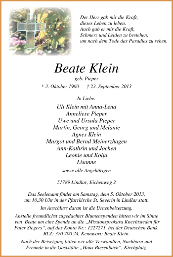 Anzeige von Beate Klein von Kölner Stadt-Anzeiger / Kölnische Rundschau / Express
