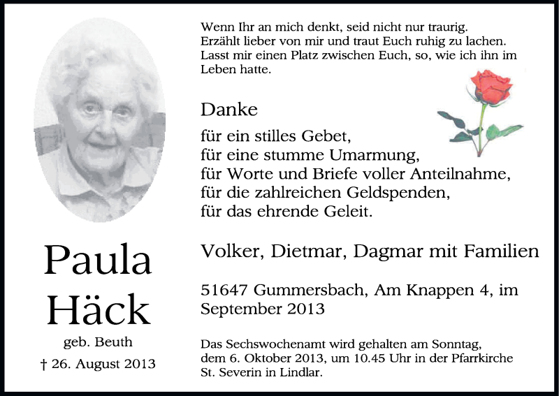  Traueranzeige für Paula Häck vom 28.09.2013 aus Kölner Stadt-Anzeiger / Kölnische Rundschau / Express