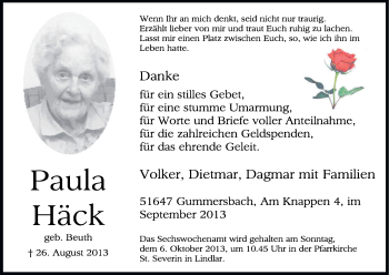 Anzeige von Paula Häck von Kölner Stadt-Anzeiger / Kölnische Rundschau / Express