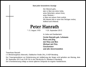 Anzeige von Peter Hanrath von Kölner Stadt-Anzeiger / Kölnische Rundschau / Express
