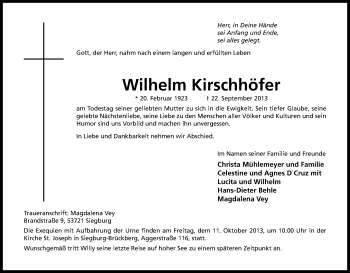 Anzeige von Wilhelm Kirschhöfer von Kölner Stadt-Anzeiger / Kölnische Rundschau / Express
