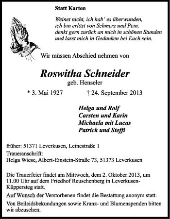 Anzeige von Roswitha Schneider von Kölner Stadt-Anzeiger / Kölnische Rundschau / Express