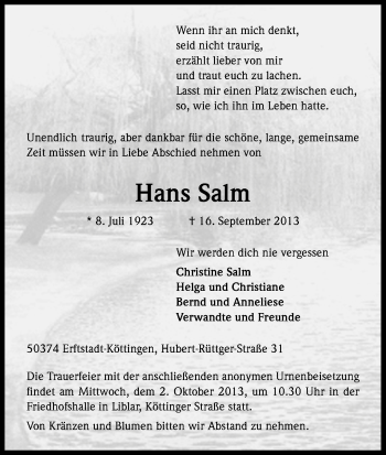 Anzeige von Hans Salm von Kölner Stadt-Anzeiger / Kölnische Rundschau / Express