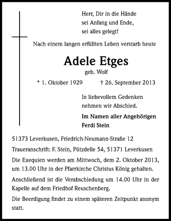 Anzeige von Adele Etges von Kölner Stadt-Anzeiger / Kölnische Rundschau / Express