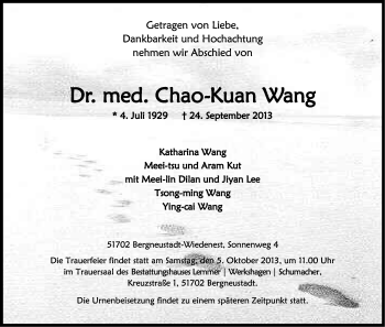 Anzeige von Chao-Kuan Wang von Kölner Stadt-Anzeiger / Kölnische Rundschau / Express