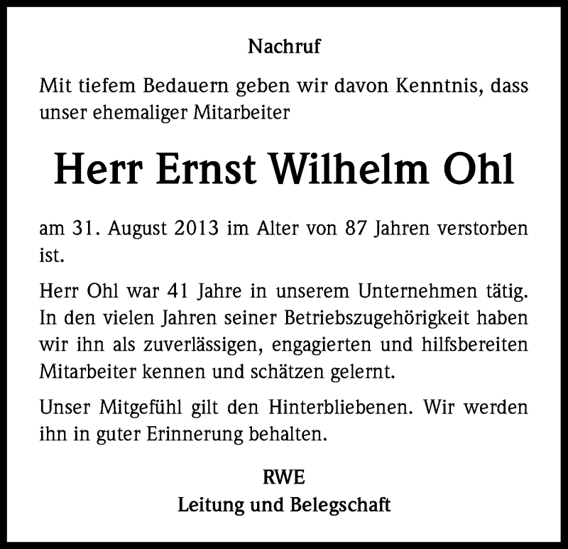  Traueranzeige für Ernst Wilhelm Ohl vom 30.09.2013 aus Kölner Stadt-Anzeiger / Kölnische Rundschau / Express