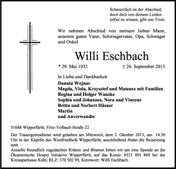 Anzeige von Willi Eschbach von Kölner Stadt-Anzeiger / Kölnische Rundschau / Express