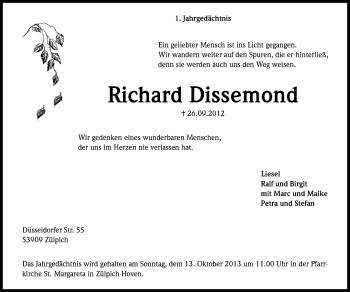 Anzeige von Dissemond Richard von Kölner Stadt-Anzeiger / Kölnische Rundschau / Express