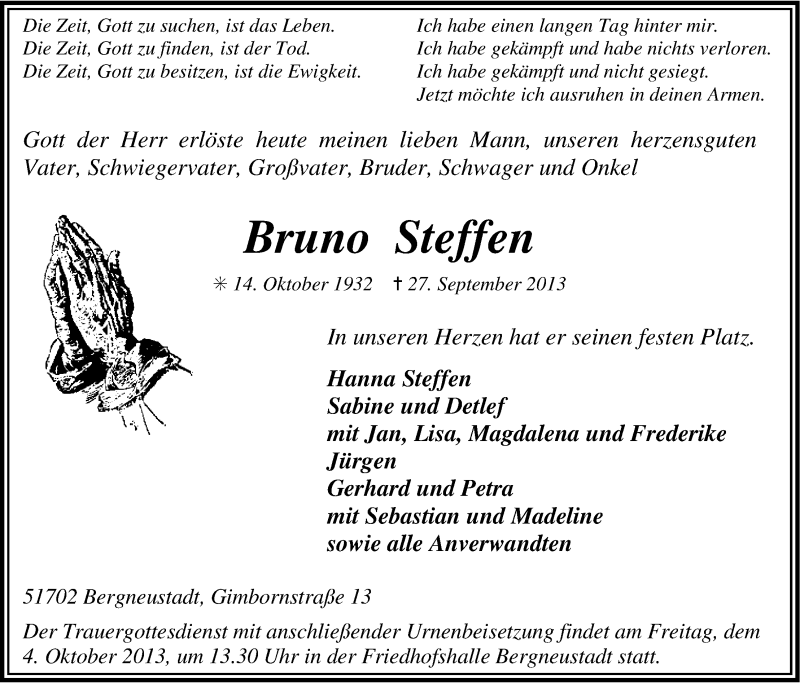  Traueranzeige für Bruno Steffen vom 30.09.2013 aus Kölner Stadt-Anzeiger / Kölnische Rundschau / Express