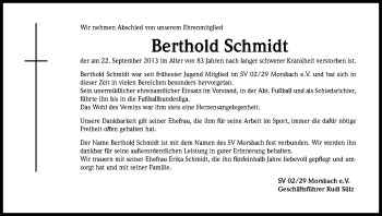 Anzeige von Berthold Schmidt von Kölner Stadt-Anzeiger / Kölnische Rundschau / Express