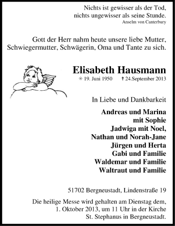 Anzeige von Elisabeth Hausmann von Kölner Stadt-Anzeiger / Kölnische Rundschau / Express