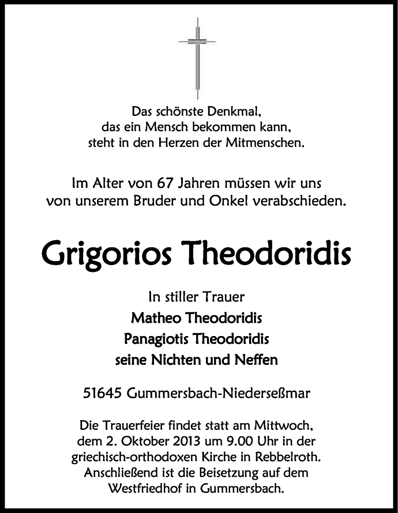 Traueranzeige für Grigorios Theodoridis vom 30.09.2013 aus Kölner Stadt-Anzeiger / Kölnische Rundschau / Express