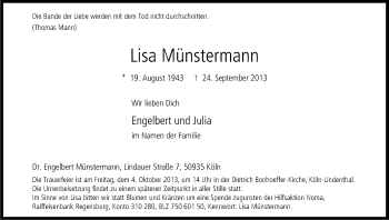 Anzeige von Lisa Münstermann von Kölner Stadt-Anzeiger / Kölnische Rundschau / Express