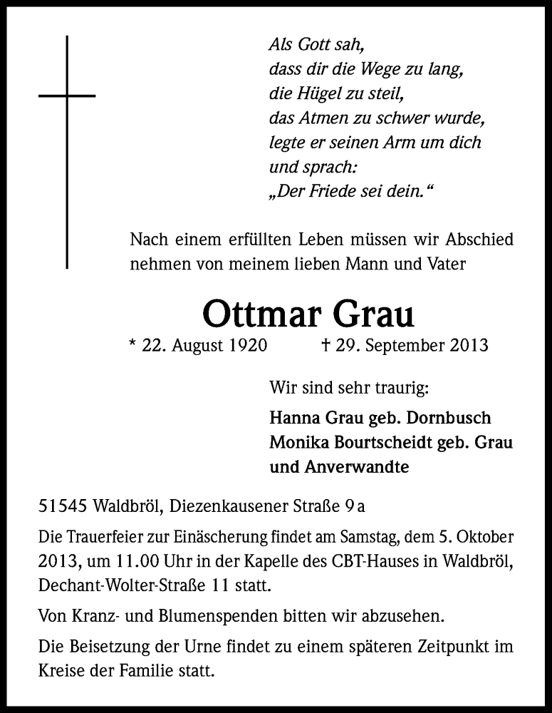  Traueranzeige für Ottmar Grau vom 01.10.2013 aus Kölner Stadt-Anzeiger / Kölnische Rundschau / Express
