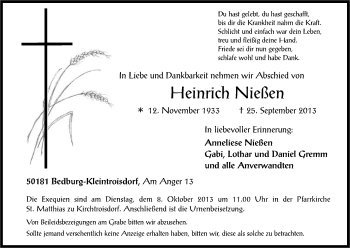 Anzeige von Heinrich Nießen von Kölner Stadt-Anzeiger / Kölnische Rundschau / Express