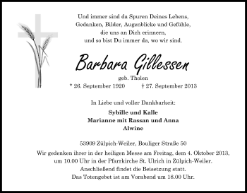 Anzeige von Barbara Gillessen von Kölner Stadt-Anzeiger / Kölnische Rundschau / Express
