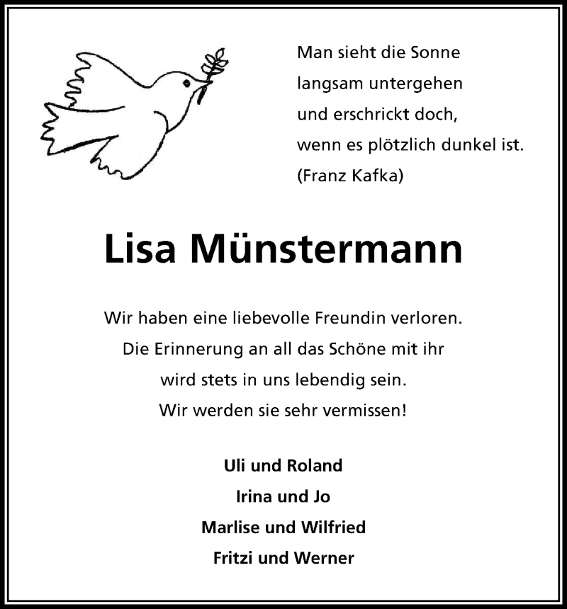  Traueranzeige für Lisa Münstermann vom 02.10.2013 aus Kölner Stadt-Anzeiger / Kölnische Rundschau / Express