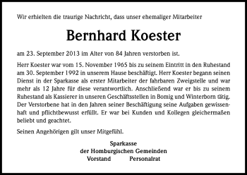 Anzeige von Bernhard Koester von Kölner Stadt-Anzeiger / Kölnische Rundschau / Express