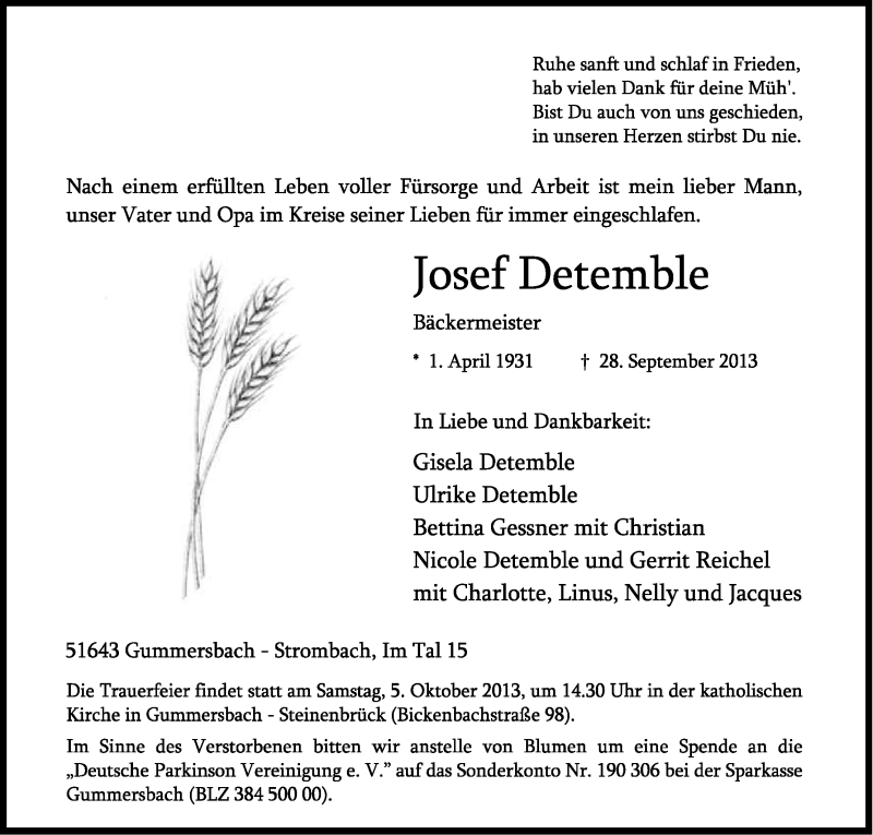  Traueranzeige für Joseph Detemble vom 01.10.2013 aus Kölner Stadt-Anzeiger / Kölnische Rundschau / Express