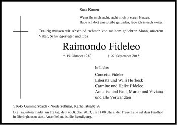 Anzeige von Raimondo Fideleo von Kölner Stadt-Anzeiger / Kölnische Rundschau / Express