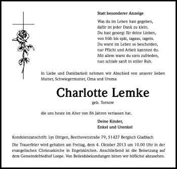 Anzeige von Charlotte Lemke von Kölner Stadt-Anzeiger / Kölnische Rundschau / Express