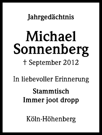 Anzeige von Michael Sonnenberg von Kölner Stadt-Anzeiger / Kölnische Rundschau / Express