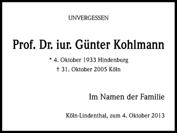 Anzeige von Günter Kohlmann von Kölner Stadt-Anzeiger / Kölnische Rundschau / Express