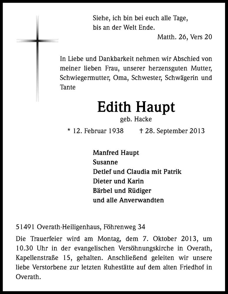  Traueranzeige für Edith Haupt vom 02.10.2013 aus Kölner Stadt-Anzeiger / Kölnische Rundschau / Express